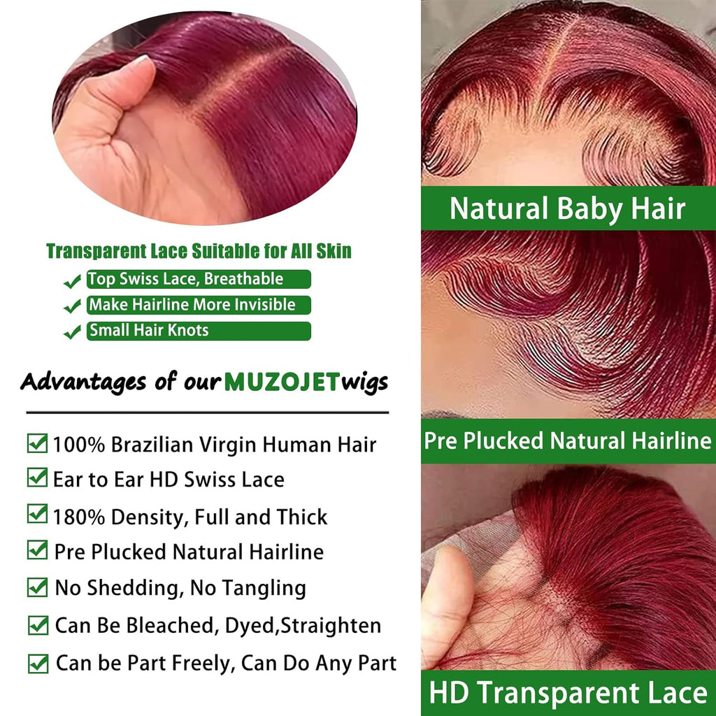 MUZOJET 99j Burgundy Lace Front Wigs Human Hair 13x6 Body Wave Lace Front Wigs Human Hair Pre Plucked Glueless Red Wig Wine Red Wigs for Women Reddish Brown 180 Density