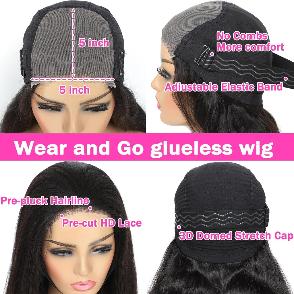 Wear and Go Glueless Wigs Human Hair Pre Plucked Pre Cut 5x5 Hd Lace Closure Wigs Human Hair 180 Density Body Wave Lace Front Wigs Human Hair Wigs for Women No Glue 3 Seconds for Beginners