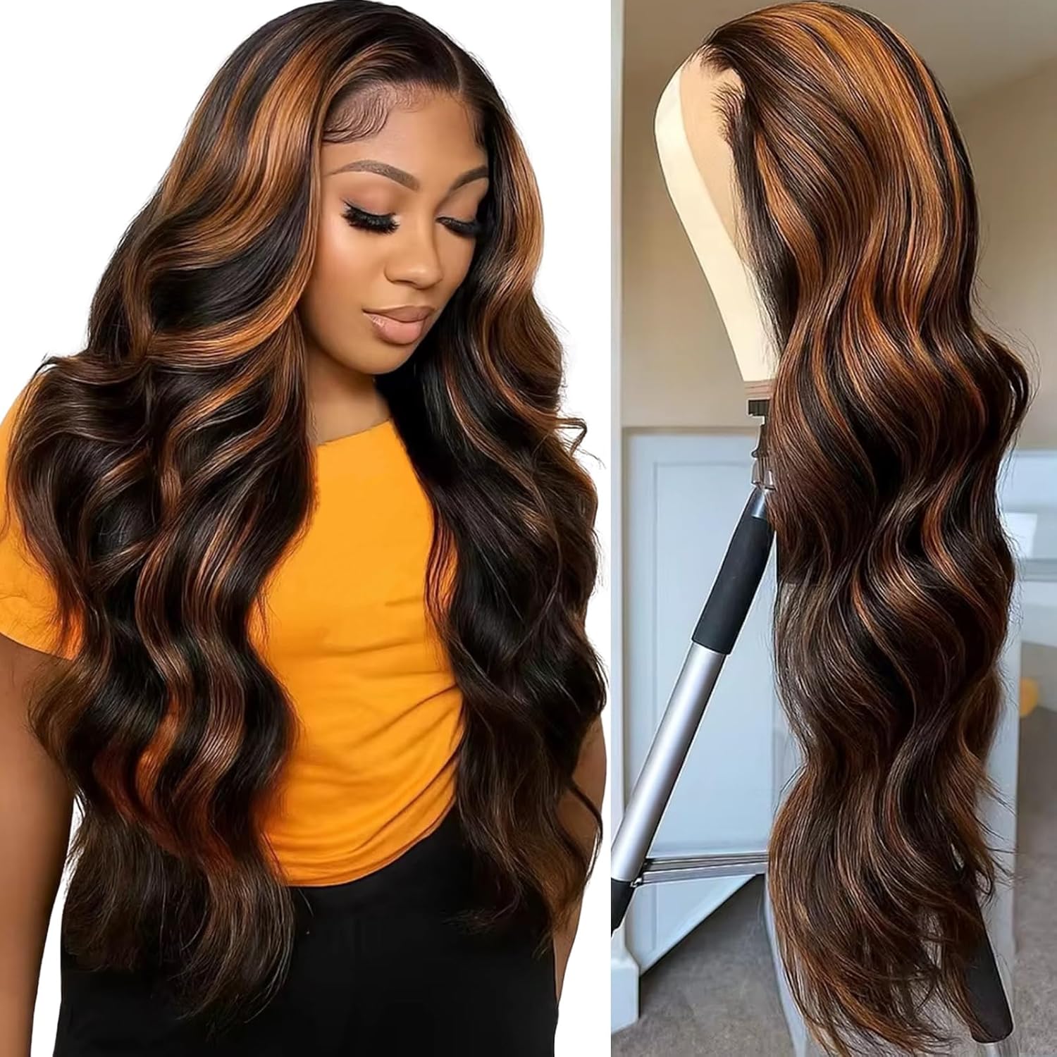 MUZOJET 1B/30 Highlight Ombre Balayage 13x6 Lace Front Wigs Human Hair Black and Blonde FB30 HD Transparent Lace Front Wig Human Hair Pre Plucked with Baby Hair for Black Women 180% Density