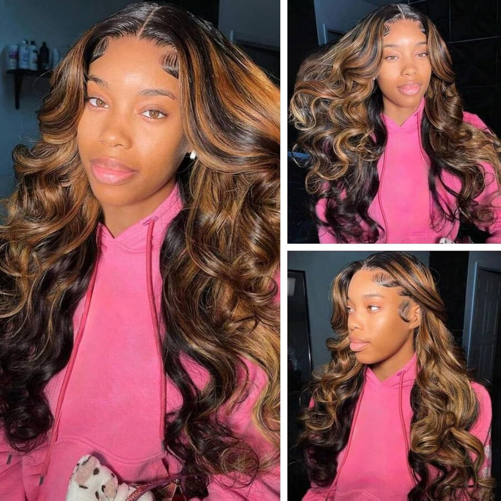 MUZOJET 1B/30 Highlight Ombre Balayage 13x6 Lace Front Wigs Human Hair Black and Blonde FB30 HD Transparent Lace Front Wig Human Hair Pre Plucked with Baby Hair for Black Women 180% Density
