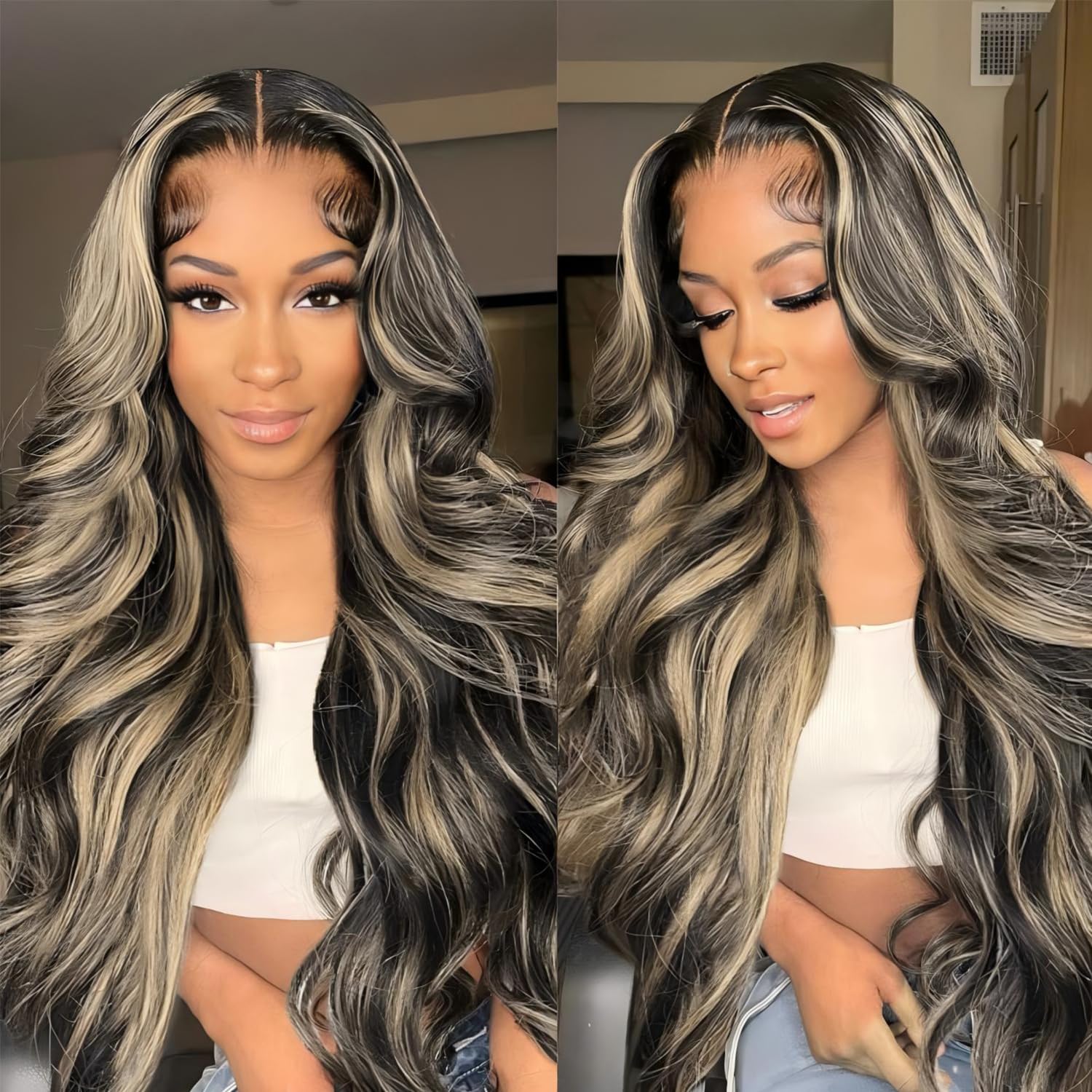 MUZOJET 1B/27 Highlight Ombre Balayage 13x6 Lace Front Wigs Human Hair Black and Blonde HD Transparent Lace Front Wig Human Hair Pre Plucked with Baby Hair for Black Women 180% Density