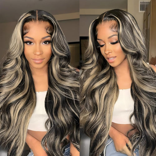 MUZOJET 1B/27 Highlight Ombre Balayage 13x6 Lace Front Wigs Human Hair Black and Blonde HD Transparent Lace Front Wig Human Hair Pre Plucked with Baby Hair for Black Women 180% Density
