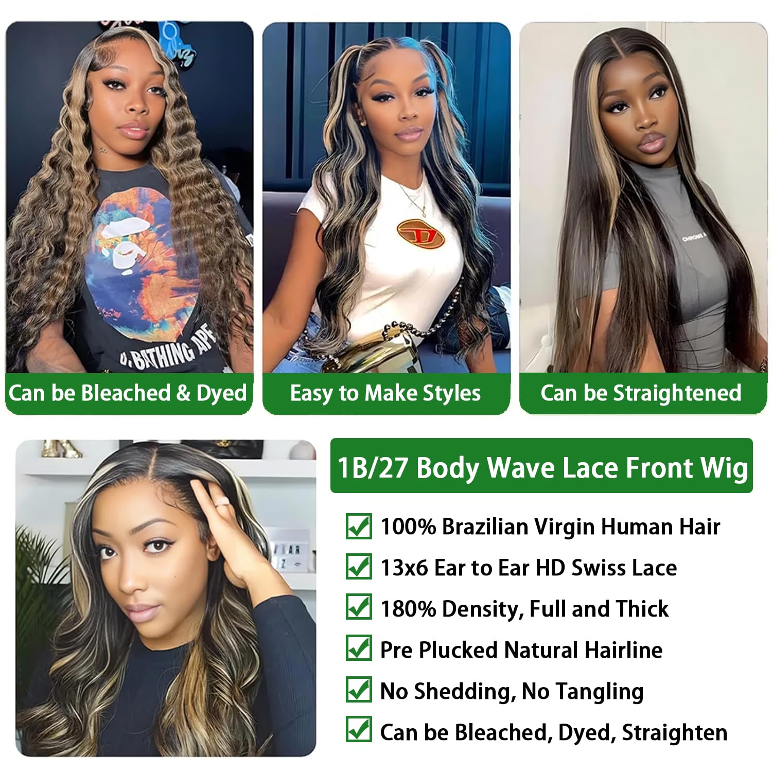 MUZOJET 1B/27 Highlight Ombre Balayage 13x6 Lace Front Wigs Human Hair Black and Blonde HD Transparent Lace Front Wig Human Hair Pre Plucked with Baby Hair for Black Women 180% Density