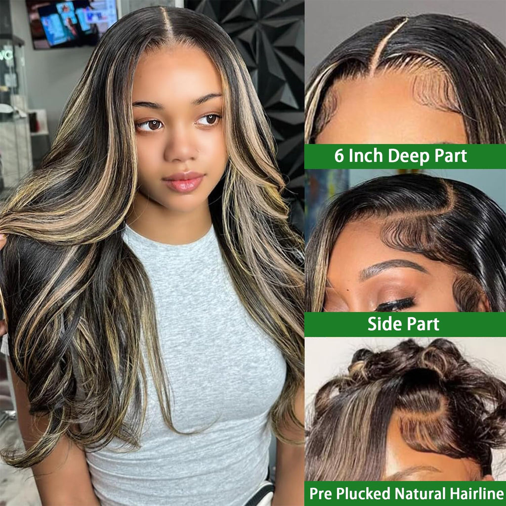 MUZOJET 1B/27 Highlight Ombre Balayage 13x6 Lace Front Wigs Human Hair Black and Blonde HD Transparent Lace Front Wig Human Hair Pre Plucked with Baby Hair for Black Women 180% Density